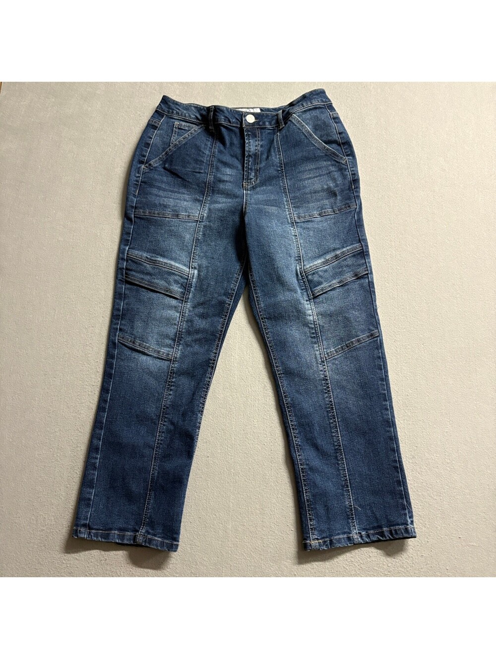 Indigo Rein Cargo Jeans Womens Size 13 Blue Denim High Rise Straight Leg Stretch